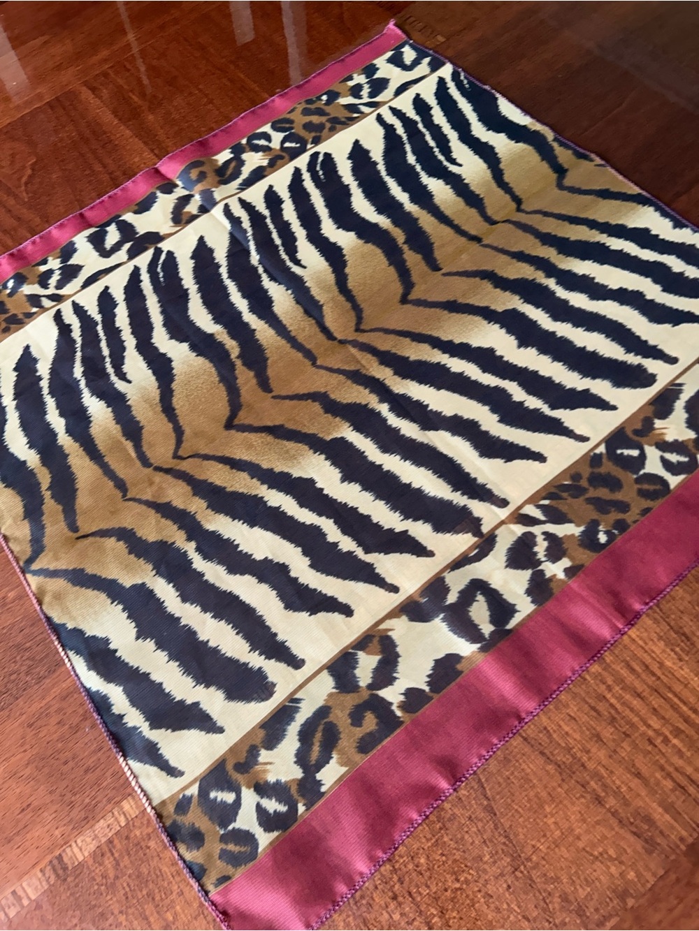 Animal Print Sheer Scarf in Tan, Black and Burgundy Korean 19“ x 19“ polyester